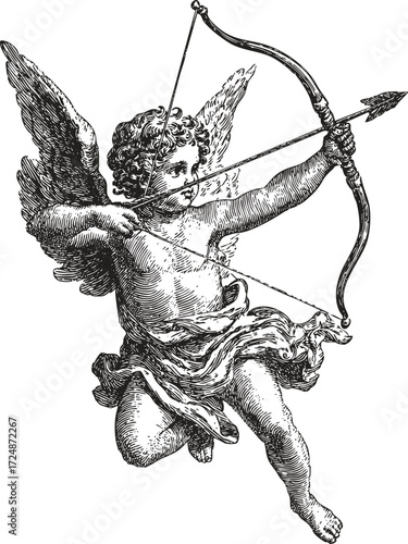 Black sketchy Cupid with bow and arrow. Vector line art hand-drawn vintage illustration. Classical mythological art for Valentine, romance and cultural projects