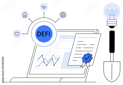 Open laptop with DeFi tools, digital certificate, smart contract, planting metaphor, and analytics chart. Ideal for fintech, blockchain, investment, technology growth innovation security
