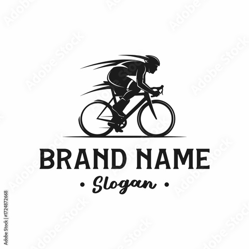 Silhouette of a cyclist riding a bicycle with a brand name and slogan below.