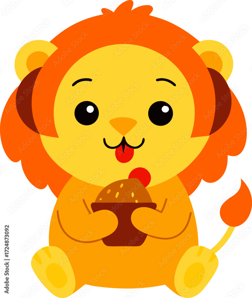 Naklejka premium Cute Lion Cub Enjoying a Yummy Treat Vector Illustration