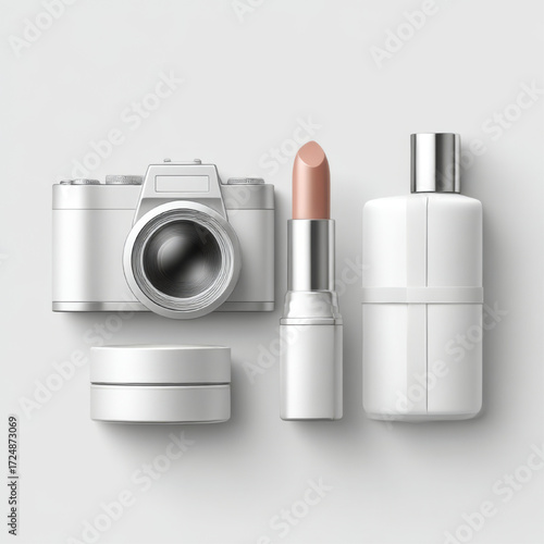 Camera, Lipstick, Cream Jar, and Bottle, minimalist flat lay style, representing beauty, photography, and gifts on white background