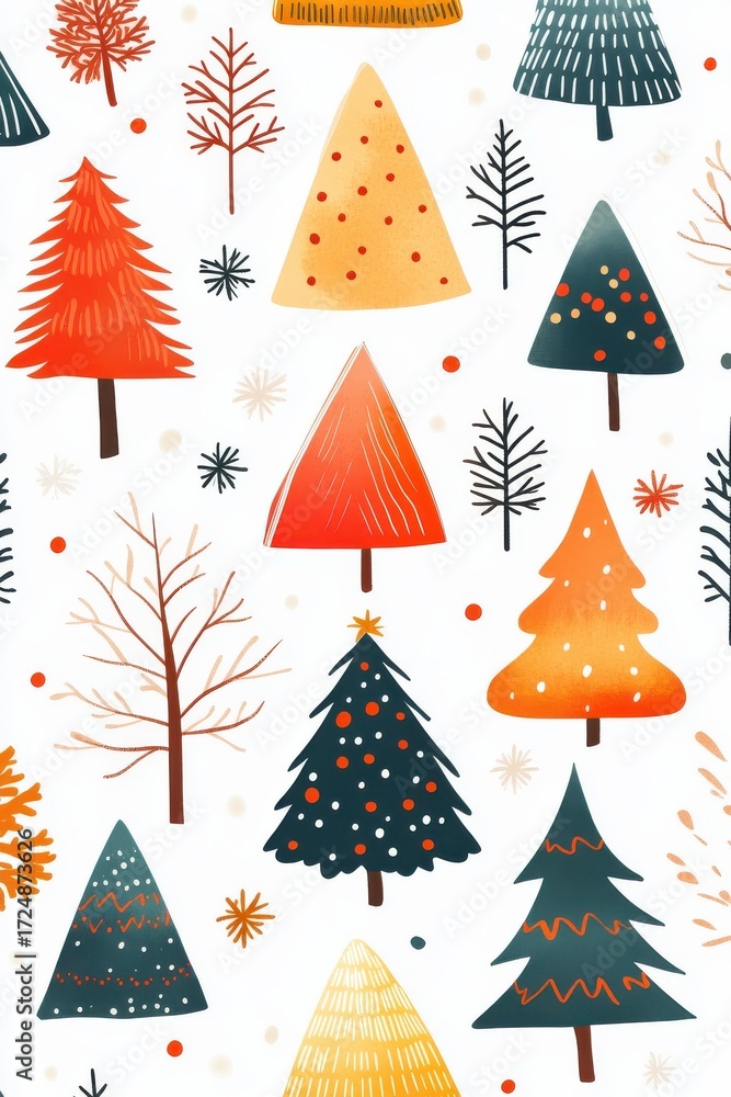 Obraz premium Cute Christmas tree pattern with simple lines and vibrant colors featuring various stylized trees on a light background