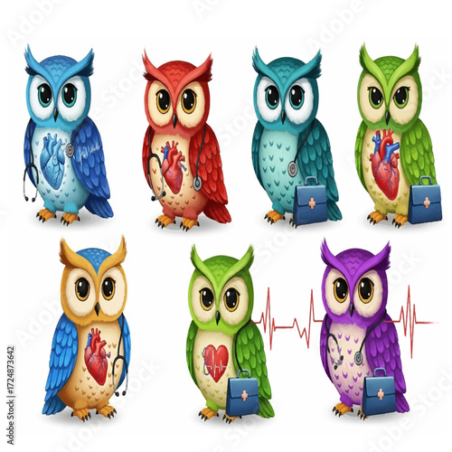 Owls with medical heart symbol – creative combination of nocturnal birds and healthcare concept in unique vector design