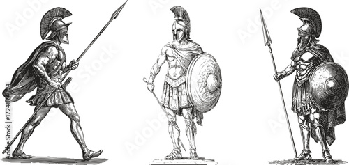 Spartan warrior in armor with shield and spear. Vintage line art battle illustration set.