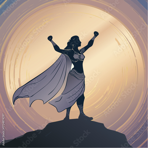 Silhouette of a powerful woman standing on a peak, arms raised in victory, cape flowing against a radiant, circular background.