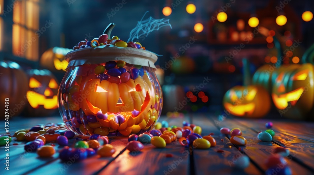 Fototapeta premium 3D Rendering Halloween Candy Jar Overflow Effect Pictures