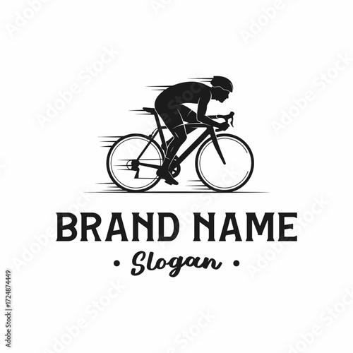 Monochrome logo template featuring a speeding cyclist on a racing bicycle with placeholder text.