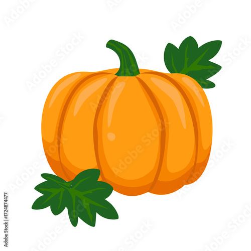Pumpkin cartoon with leaves. Cute vegetables illustration. Can be used for sticker, wallpaper, kitchen and food element. Autumn theme