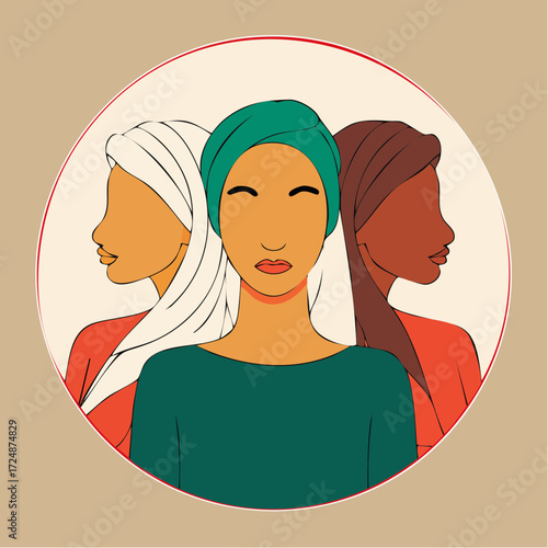 Three diverse women in head coverings, a symbolic representation of unity and solidarity.