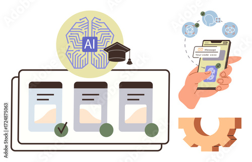 AI-powered learning with academic cap, neural network graphic, task cards, verified checkmarks, hand using fingerprint sign-in on mobile, connected global communication. Ideal for education