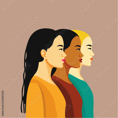 Three women of diverse ethnicities stand in profile, showcasing unity and diversity.