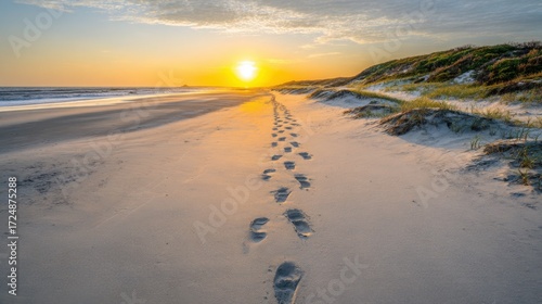 footprints. A serene beach sunset with footprints in the sand, evoking tranquility and golden warmth. inspiring travel planning, travel magazines, designed for travel destination branding.