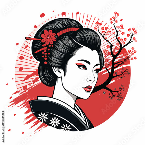 elegant geisha face with bold black and white lines
