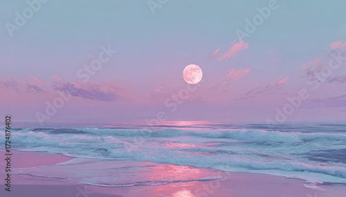 Pastel pink and blue sunset over a calm ocean, large full moon illuminating the sky and reflecting on the wet sand