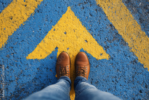Overhead View of Brown Leather Shoes on Yellow Arrow 
