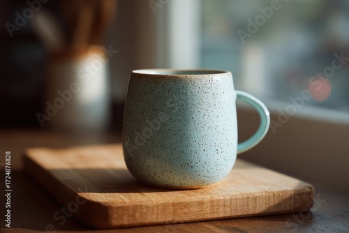 Wallpaper Mural A light-blue speckled ceramic mug sits on a light-brown wooden cutting board, bathed in soft sunlight near a window Torontodigital.ca