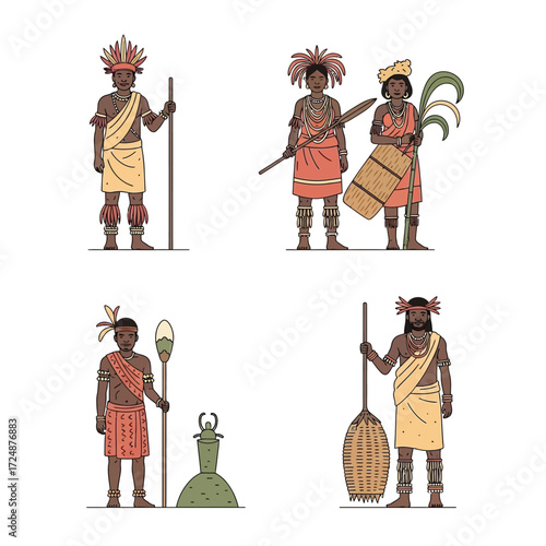 Four stylized figures of indigenous people in traditional clothing, holding various objects, likely representing different tribes or cultures.