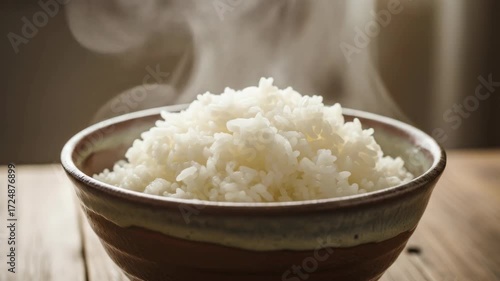 Steaming hot white rice in ceramic bowl on wooden table, close up, food.