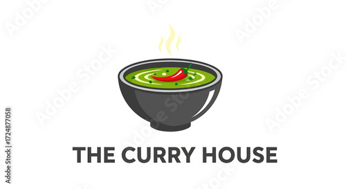 A bowl of green curry soup, with a red chili pepper, steaming, on a dark gray bowl, logo for The Curry House.