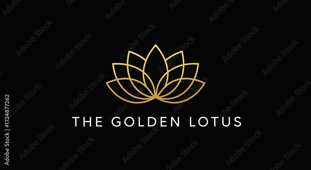 Fototapeta premium Minimalist golden line art lotus flower logo with 'THE GOLDEN LOTUS' text on a black background.