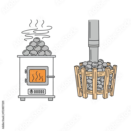 Sauna stove and wood-fired hot tub heater with stones.