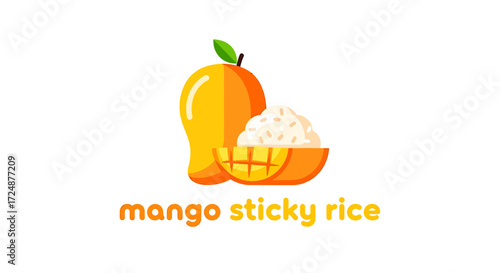 Stylized illustration of mango sticky rice dessert featuring a whole mango, a sliced mango, and a bowl of white sticky rice.