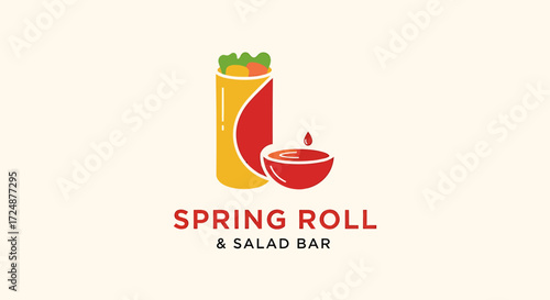 A modern logo for a 'Spring Roll & Salad Bar' featuring a stylized spring roll and a bowl of red dipping sauce on a light background.