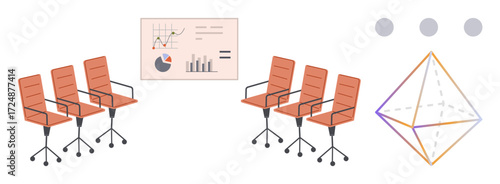 Office chairs in two groups, analytics dashboard displaying graphs, minimalistic geometric shape. Ideal for teamwork, productivity, data analysis, office culture, design, business strategy simple