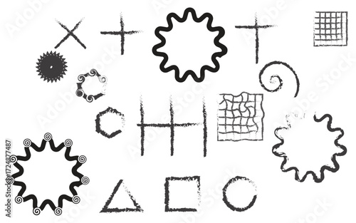 Assortment of abstract, hand-drawn crosses, shapes, and patterns with a textured, distressed feel.