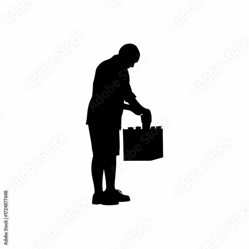 Silhouette of lab worker storing urine samples in cold box isolated on white background