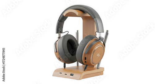Modern overear headphones with a wooden stand, isolated on transparent background