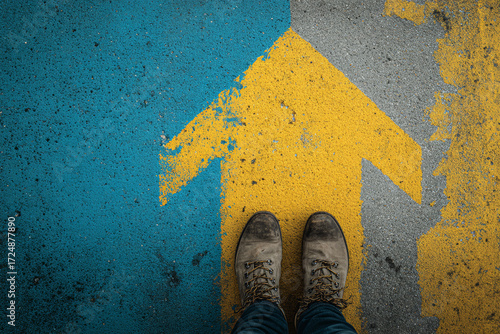 Person Standing on Large Yellow Arrow Pointing Forward on Blue Pavement

