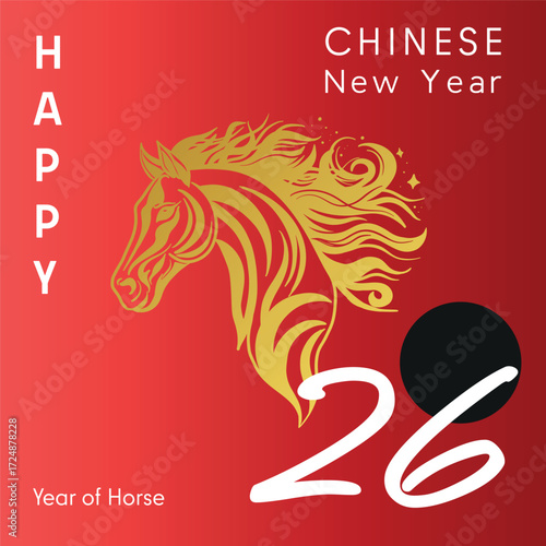 Design template for festive illustrations, greeting cards and banners. Chinese New Year 2026 Year of the Horse. Golden and red fire. minimalistic trendy