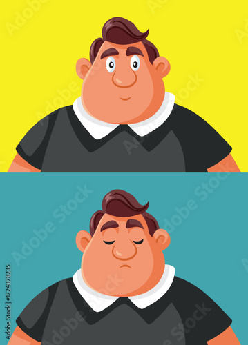 Happy or Sad Overweight Man Changing his Mood Vector Character. Person suffering from obesity and mood swings due to mental health issues 
