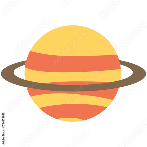 2d illustration of an orange planet with surrounding ring, representing outer space, galaxy, astronomy, universe, imagination, exploration, and cosmic mystery.
