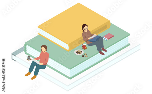 アイソメトリックイラスト：本の上で読書する人