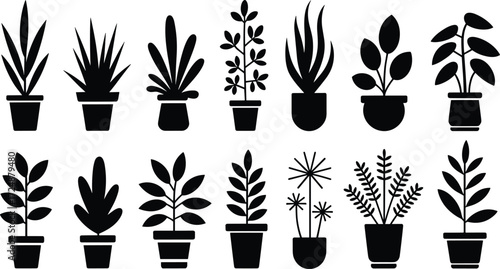 Indoor potted plants silhouette collection, decorative houseplants set, foliage vector illustration, modern home decor design, cad drawing flat vector illustration
