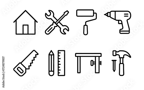 DIY and construction tools icons set. House, wrench, screwdriver, roller, drill, saw, hammer, ruler and workbench.