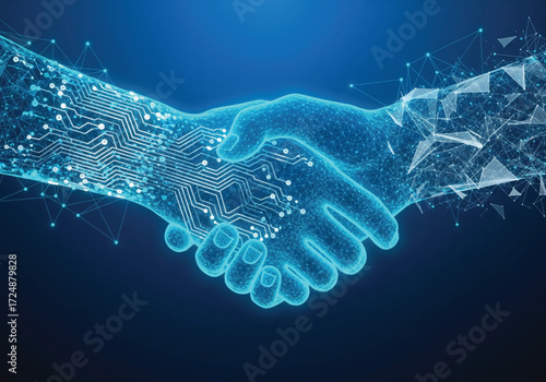 Modern digital handshake symbolizes technology partnership and innovation for business success creating a futuristic collaboration with cutting edge technology
