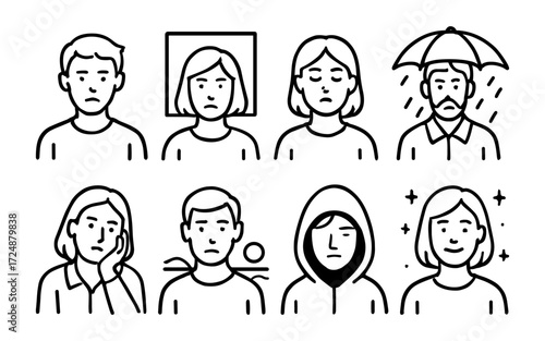 Depression and mental health icons set. Sad, tired, anxious, lonely and happy people. Outline vector illustrations