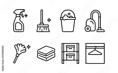 Cleaning and organizing tools icons set. Household chores, vacuum, mop, storage and laundry. Outline vector illustrations