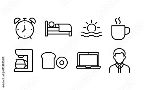 Morning routine icons set. Wake up, hygiene, coffee, work preparation and commute. Outline vector illustrations