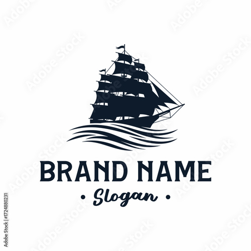 A dark blue silhouette of a majestic sailing ship with full sails navigating through wavy waters, symbolizing adventure and maritime journeys.