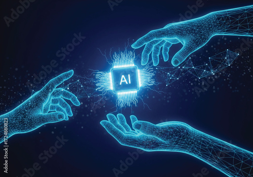 Futuristic hands interacting with a glowing AI chip, representing technological advancement and the power of artificial intelligence in a modern world
