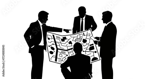 Business Professionals Silhouette Analyzing Strategic Plan Map Detailed Corporate Analysis
