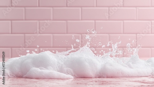 White foam splash against a pale pink tiled background
