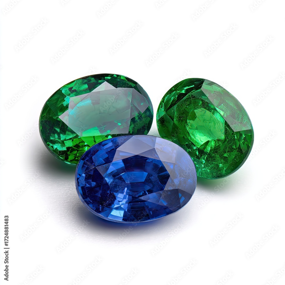 Fototapeta premium Three oval-cut gemstones; two vibrant green, one deep blue, arranged on a white background