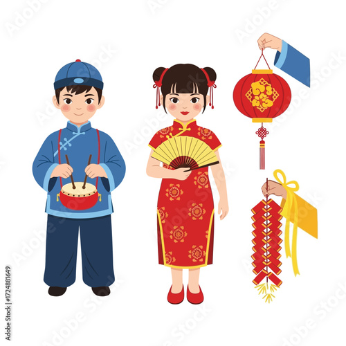 Illustration of a boy in traditional Chinese clothing holding a drum, a girl with a fan, a lantern, and firecrackers, celebrating Chinese New Year.