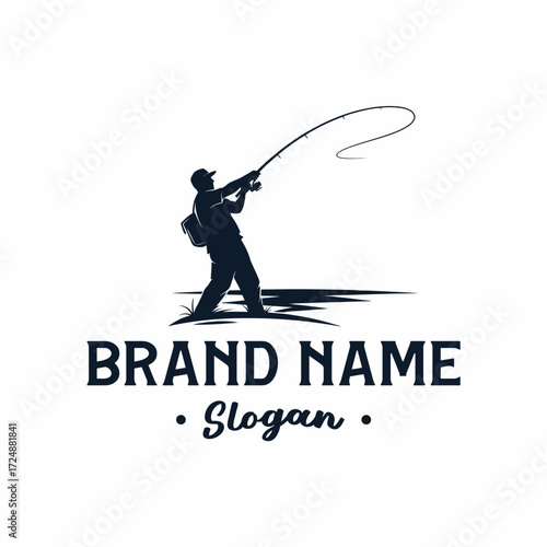 Logo template featuring a silhouette of a fisherman casting a fishing rod on a riverbank.