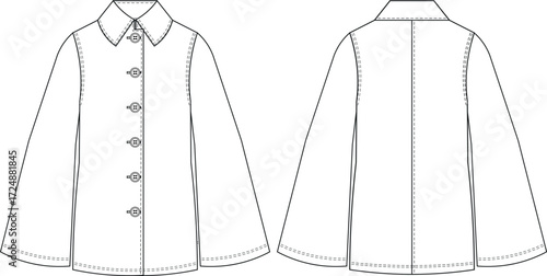 long bell sleeve collared buttoned coat outerwear winter jacket template technical drawing flat sketch cad mockup fashion woman design style model 

